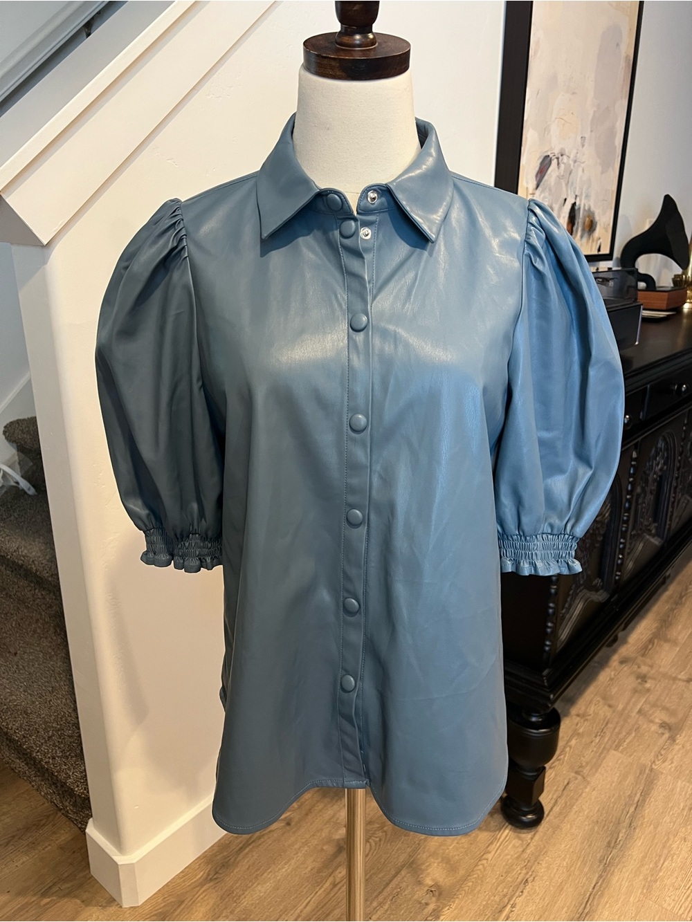 Blue Dolan Puff-Sleeve Faux Leather Top M